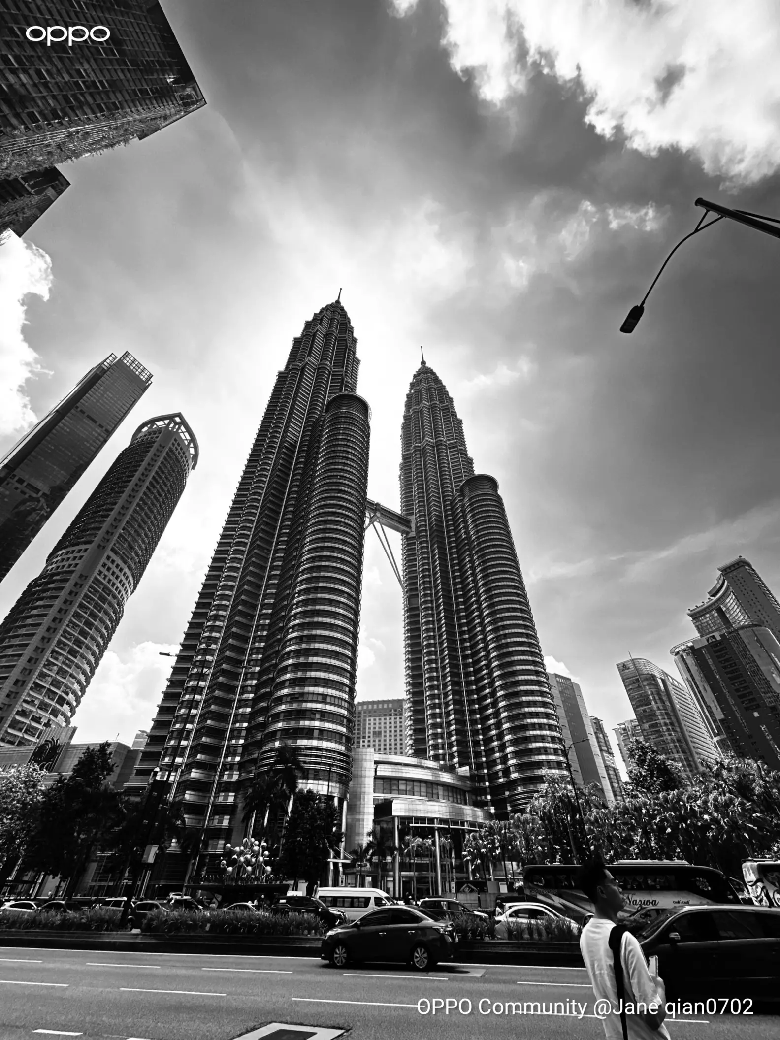This is a blackandwhite photo of the Petronas Twin Towers