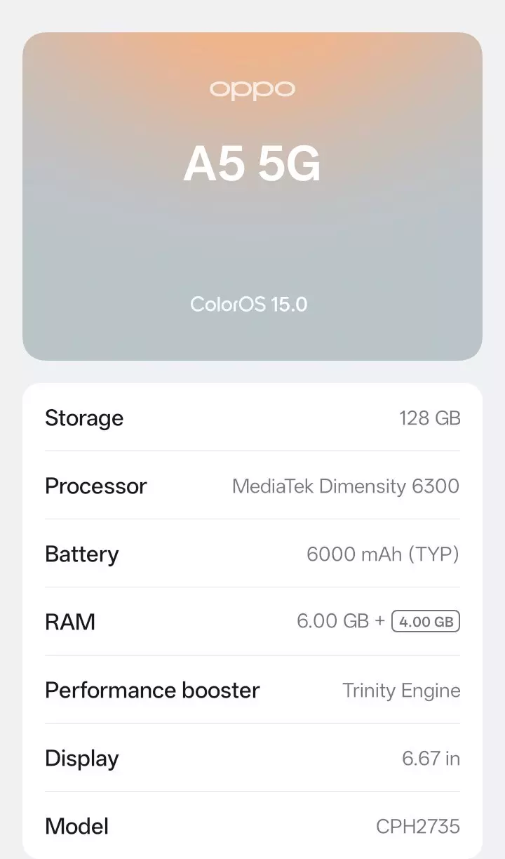 Color Os15.0 CPH2735_15.0.1.709OPPO A 5G Give me some update